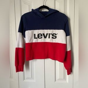 LEVIS CROPPED RED WHITE AND BLUE HOODED SWEATSHIRT - XL RUNS SMALL